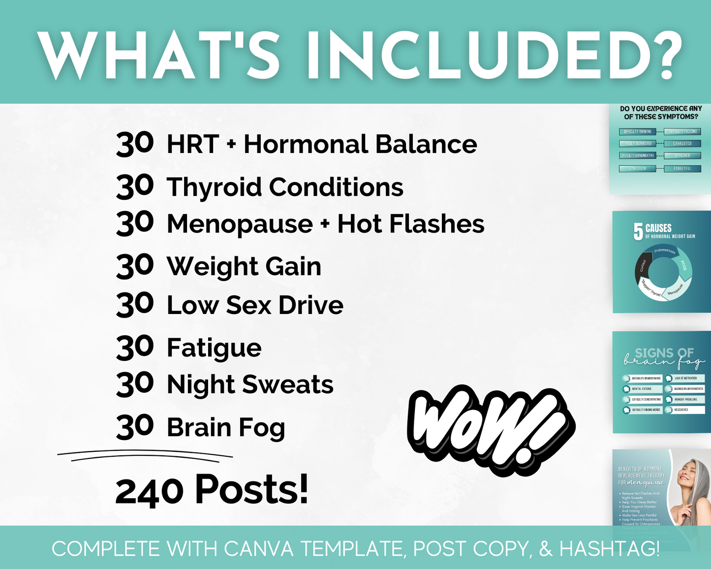 An image detailing the contents of a package: 30 posts each for HRT + hormone health, thyroid conditions, menopause + hot flashes, weight gain, low sex drive, fatigue, night sweats, and brain fog (total: 240 posts) from the Hormone Health Social Media Post Bundle with Canva Templates by Socially Inclined.