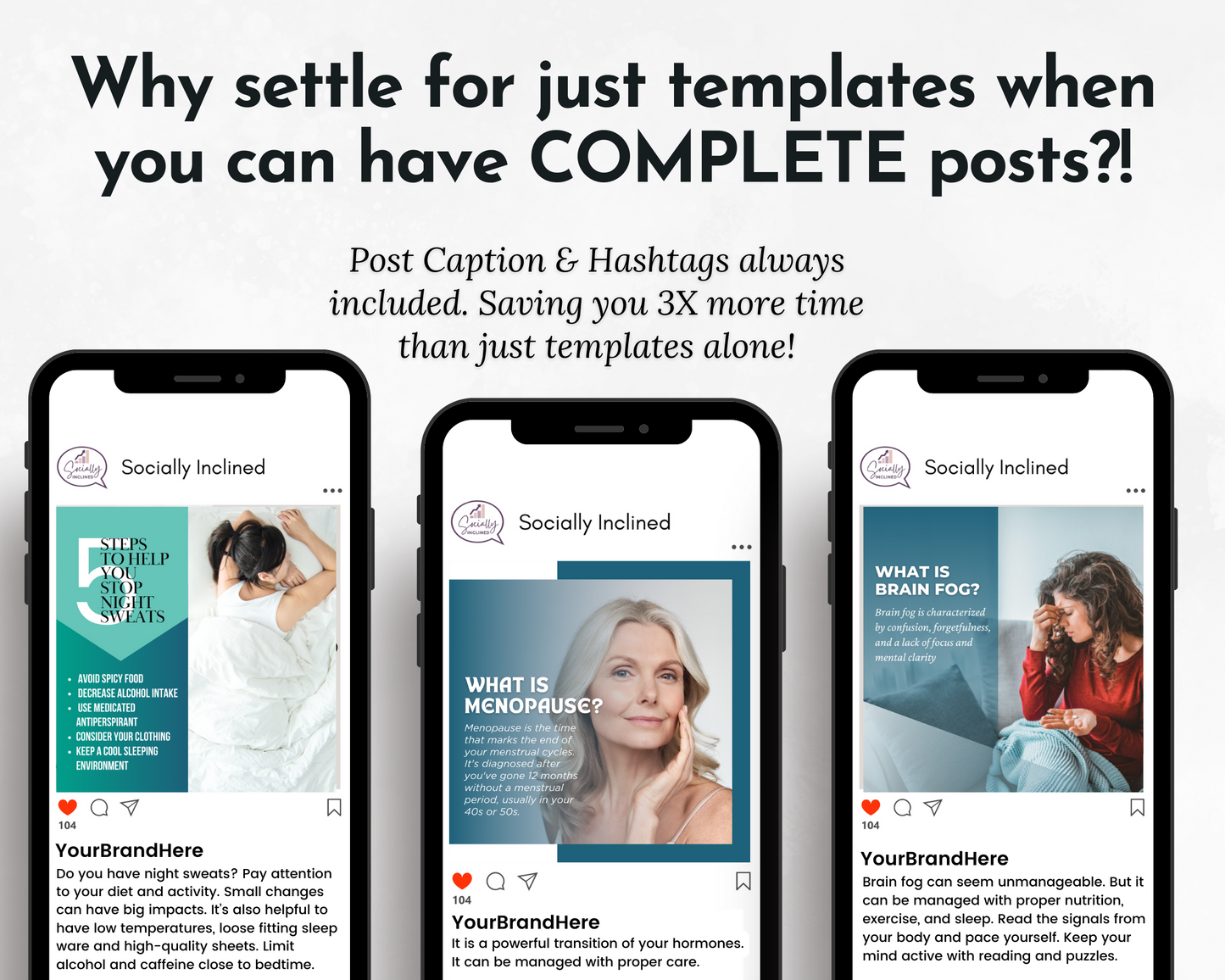 Three smartphones display social media posts by Socially Inclined covering stress relief, menopause, and hormonal balance. The header asks, "Why settle for just templates when you can have the Hormone Health Social Media Post Bundle with Canva Templates?!