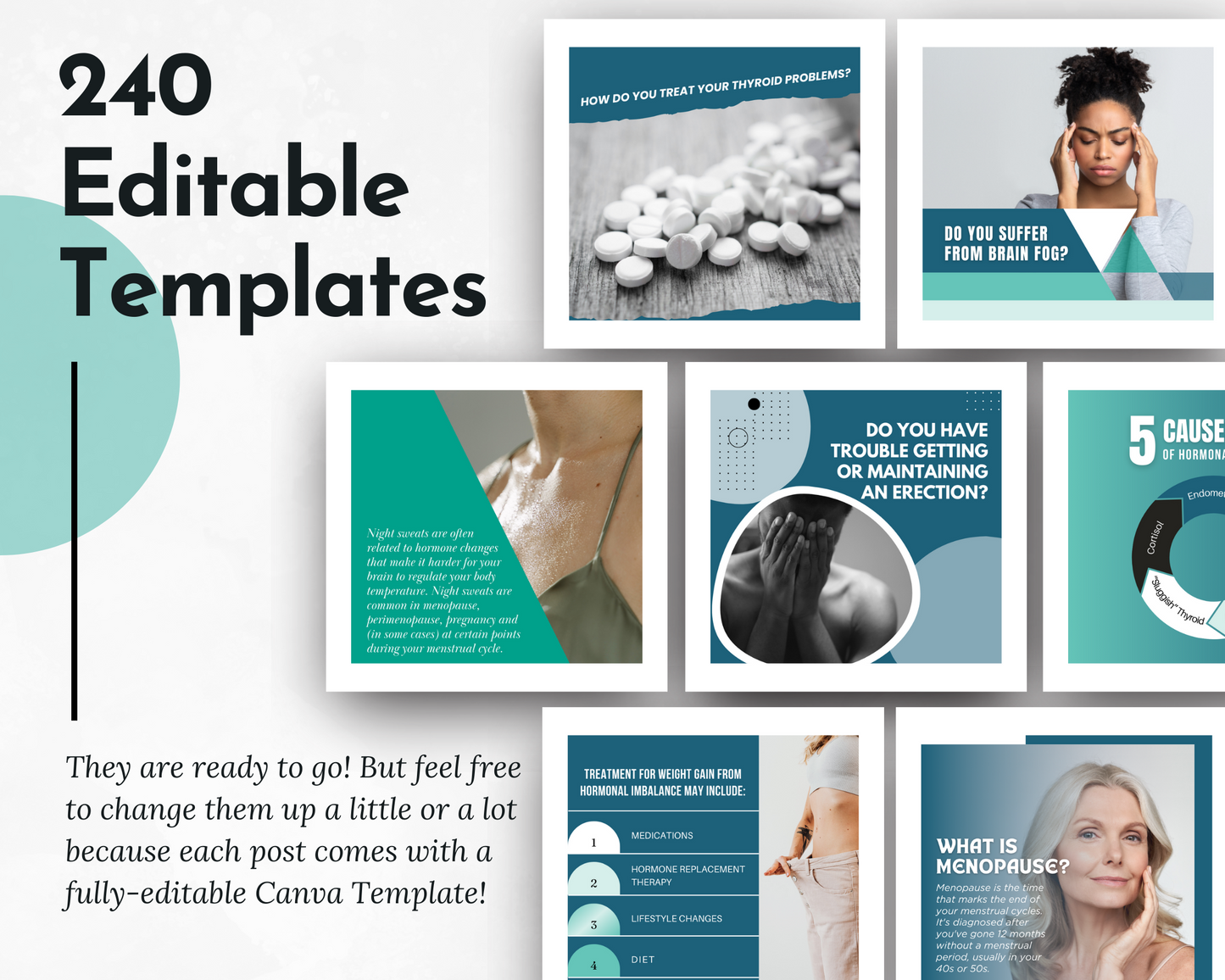 A collage showcasing example templates for various health-related topics, including thyroid conditions and hormonal balance. The text states "240 Editable Templates" and notes their customizability in the Hormone Health Social Media Post Bundle with Canva Templates by Socially Inclined.