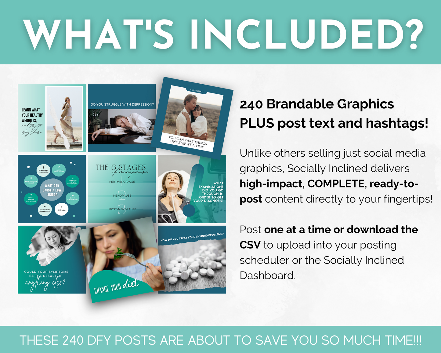 Promotional graphic listing contents: Hormone Health Social Media Post Bundle with Canva Templates by Socially Inclined. Ideal for spreading awareness on thyroid conditions and hormone health. Highlights ease of use, high impact, and time-saving benefits. Includes sample images and brief description.