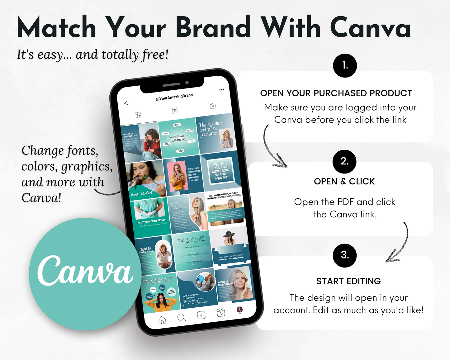 An infographic demonstrates how to match your brand using Canva. Steps include opening a product link on Socially Inclined's Hormone Health Social Media Post Bundle with Canva Templates, clicking to open the PDF, and starting editing. The image illustrates various designs on a smartphone screen, ideal for creating content about hormone health or hormonal balance.