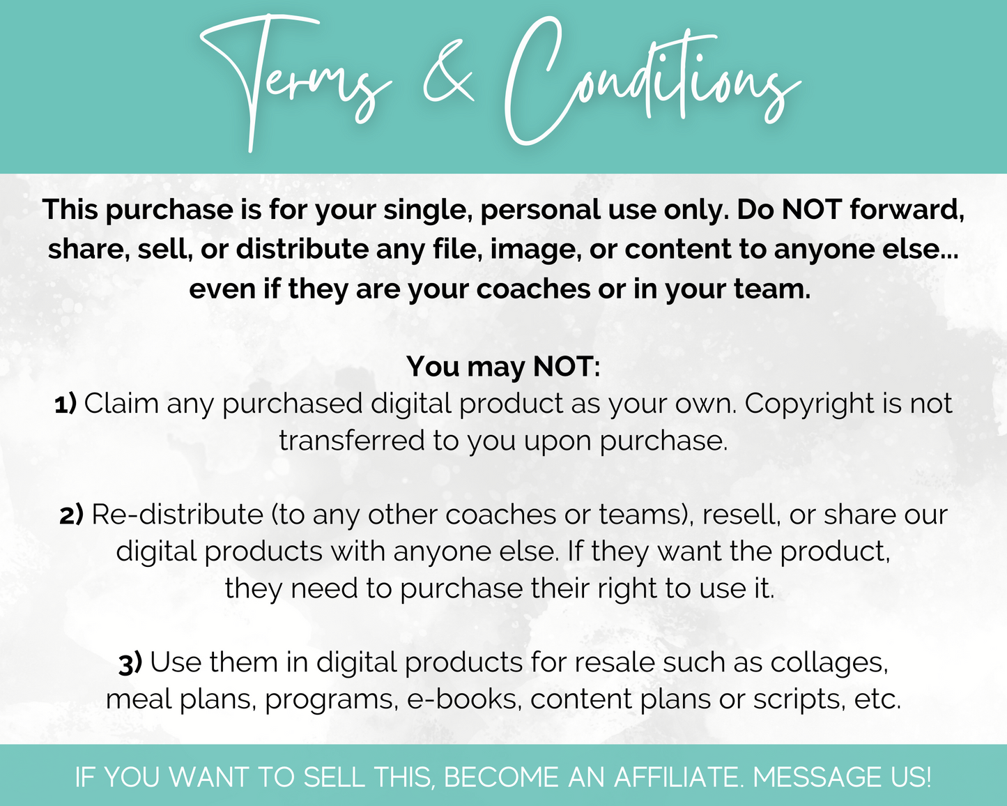 Image of a document titled "Terms & Conditions" detailing restrictions on sharing, redistributing, and reselling purchased digital products for personal use only. Also includes instructions for becoming an affiliate, with special terms related to promoting materials on hormone health and hormonal balance, specific to the Hormone Health Social Media Post Bundle with Canva Templates by Socially Inclined.