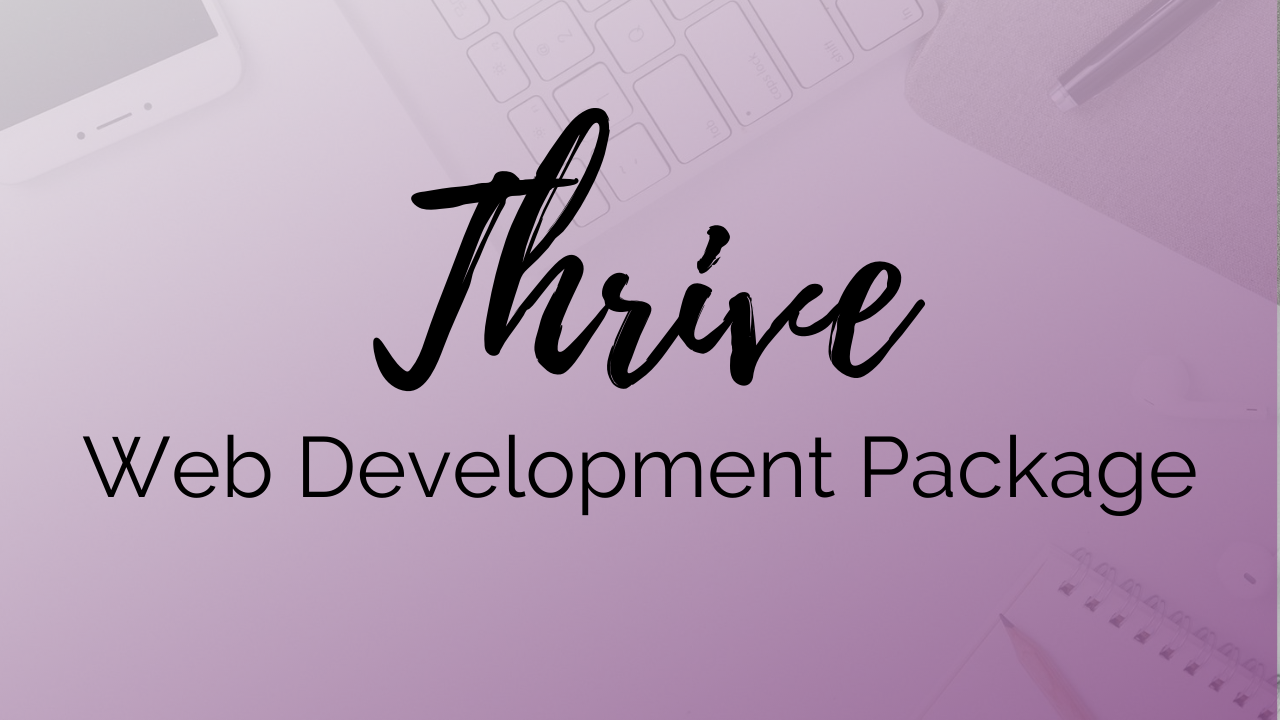 A promotional graphic for a "Socially Inclined Website Design - Thrive Package" with a purple color scheme and office items in the background, incorporating a Brand Discovery process.