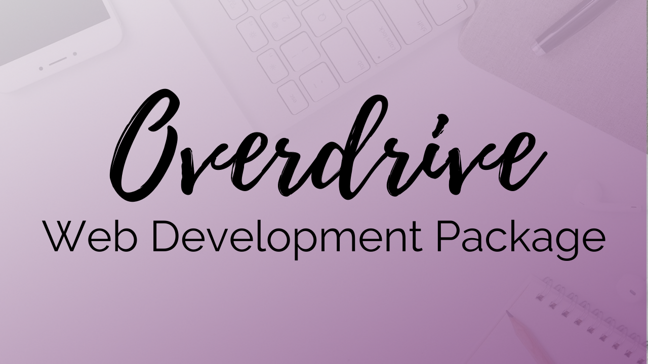 A promotional graphic for "Website Design - Overdrive Package" by Socially Inclined featuring a stylized font on a purple background with a keyboard and phone in the corner, emphasizing Development.