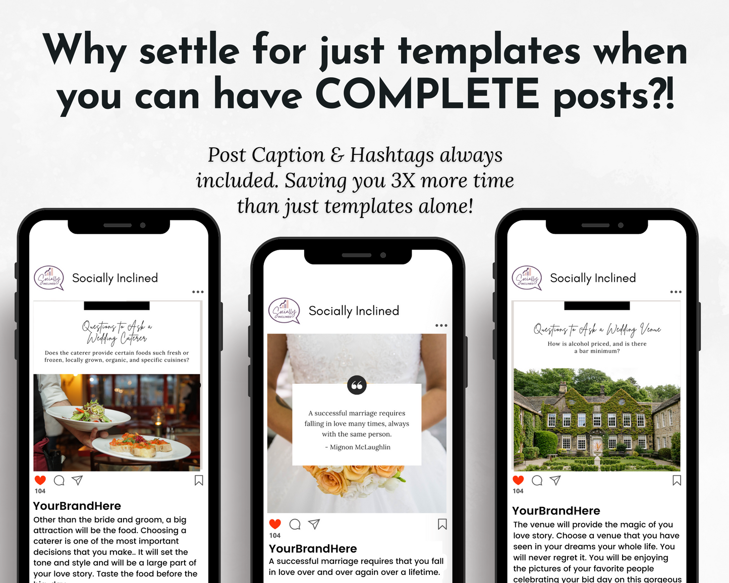 A set of Weddings Social Media Post Bundle with Canva Templates screens by Socially Inclined.