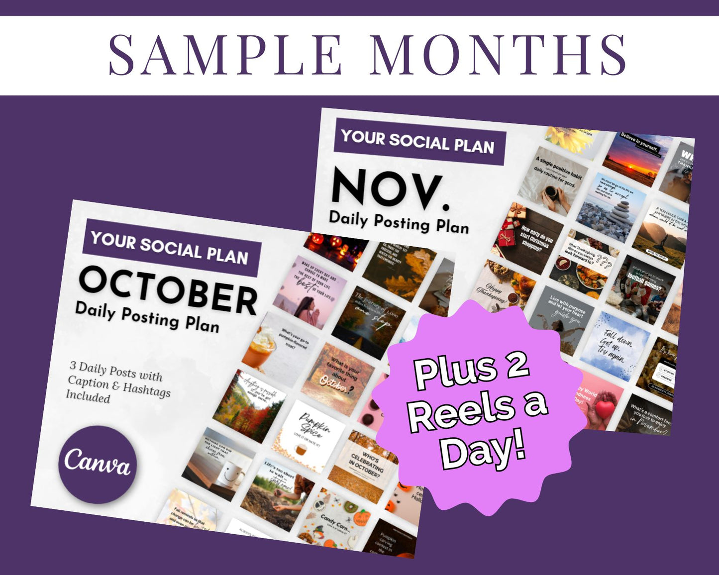 Image showcasing samples from Your Social Plan Content Membership by Get Socially Inclined for the months of October and November. The October plan features three daily posts with captions and hashtags aimed at boosting your online business. The November plan enhances this with the addition of two daily reels. Canva logo included.