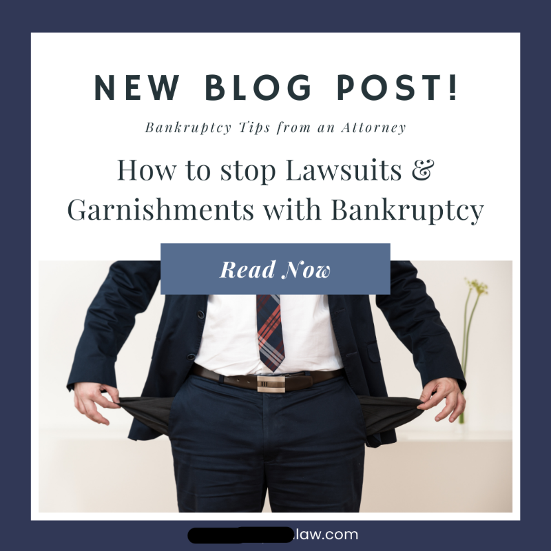 a graphic showing a man in financial stress with the text: New Blog Post! How to stop Lawsuits & Garnishments with Bankruptcy. Get more leads with Bankruptcy Attorney content like this.
