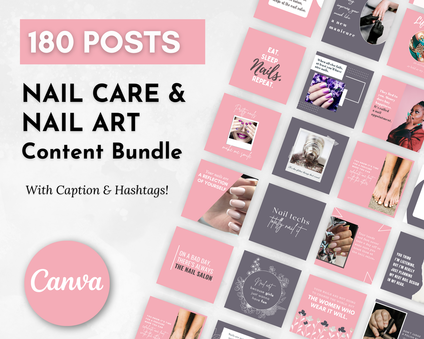 Social media nail care and beauty content bundle featuring stunning nail art, the Nail Care & Nail Art Social Media Post Bundle with Canva templates by Socially Inclined.