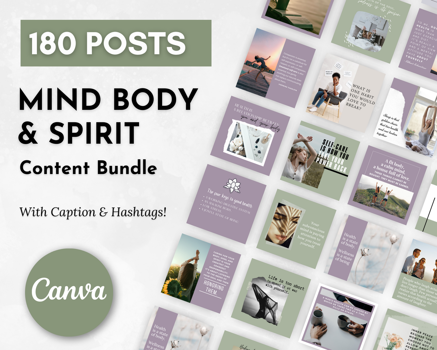 Socially Inclined's Mind Body & Spirit Social Media Post Bundle with Canva Templates is a health and wellness content bundle for mind, body, and spirit.