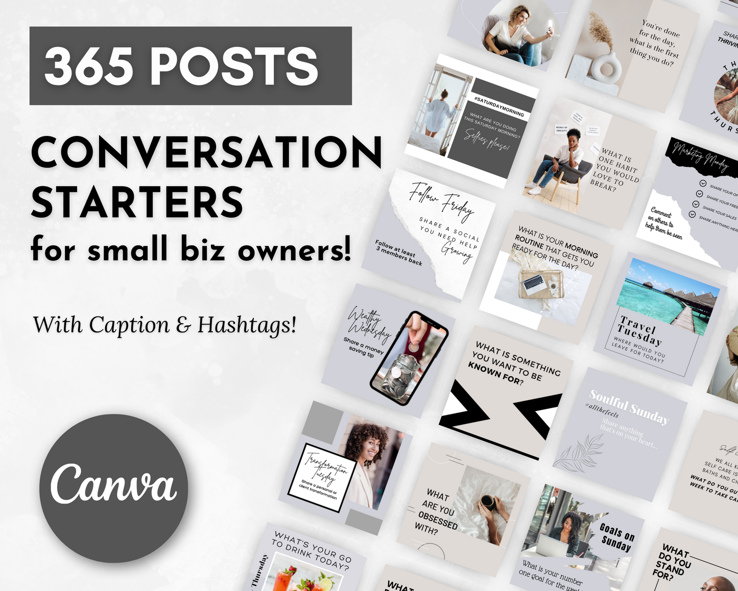 365 conversation starters for small business owners to boost engagement on social media platforms. This Conversation Starters for Social Media Post Bundle, brought to you by Socially Inclined, includes carefully crafted posts with relevant hashtags to captivate your audience and drive more traffic to your business.