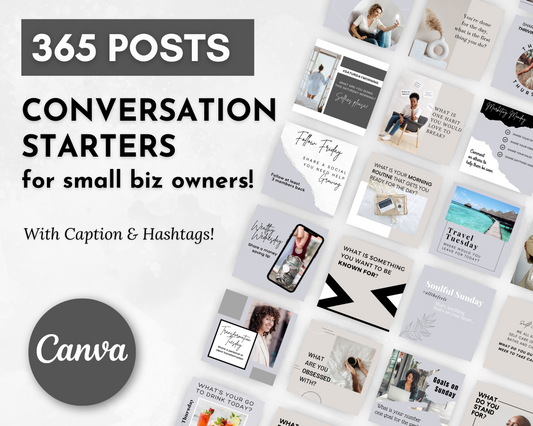 365 conversation starters for small business owners to boost engagement on social media platforms. This Conversation Starters for Social Media Post Bundle, brought to you by Socially Inclined, includes carefully crafted posts with relevant hashtags to captivate your audience and drive more traffic to your business.