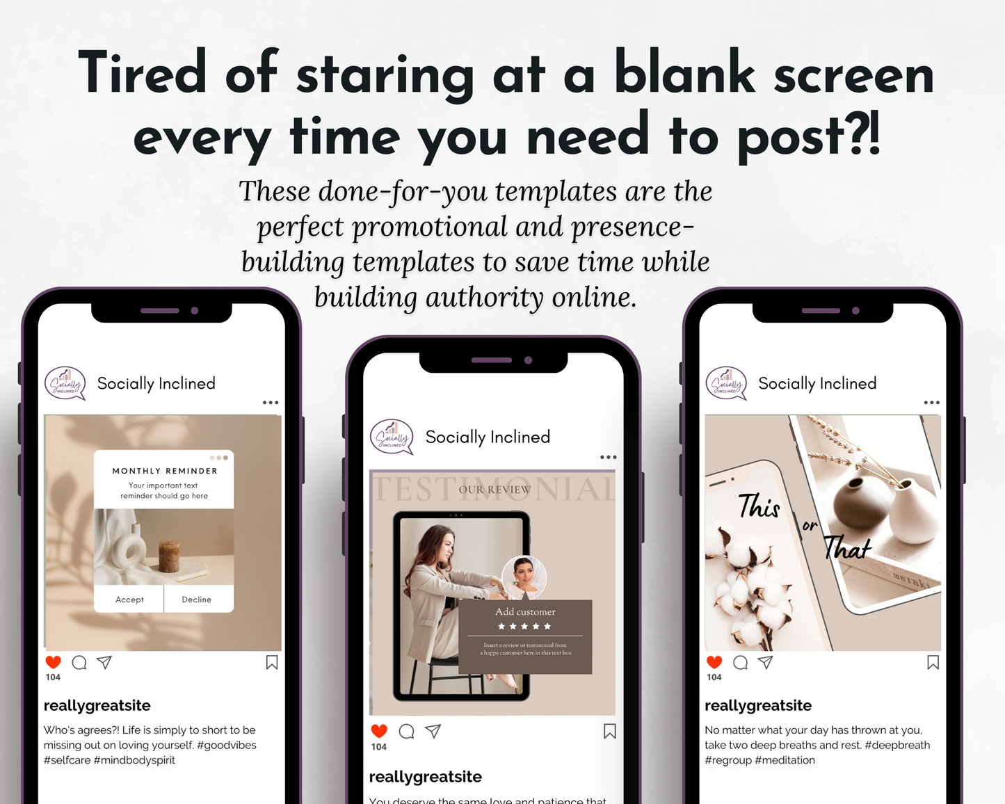 Four Promo & Presence Social Media Post Bundle smartphones with Canva Templates for improved social media presence and content creation from Socially Inclined.