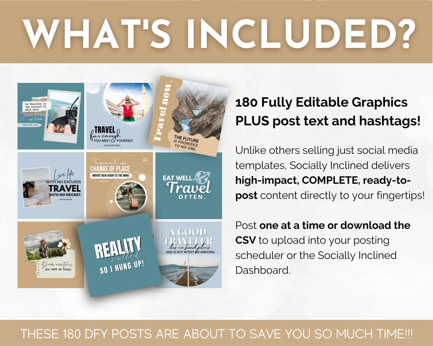 Discover the comprehensive range of content included in our TRAVEL Agent's Social Media Post Bundle with Canva Templates, perfect for boosting your online presence and enhancing your Socially Inclined brand.