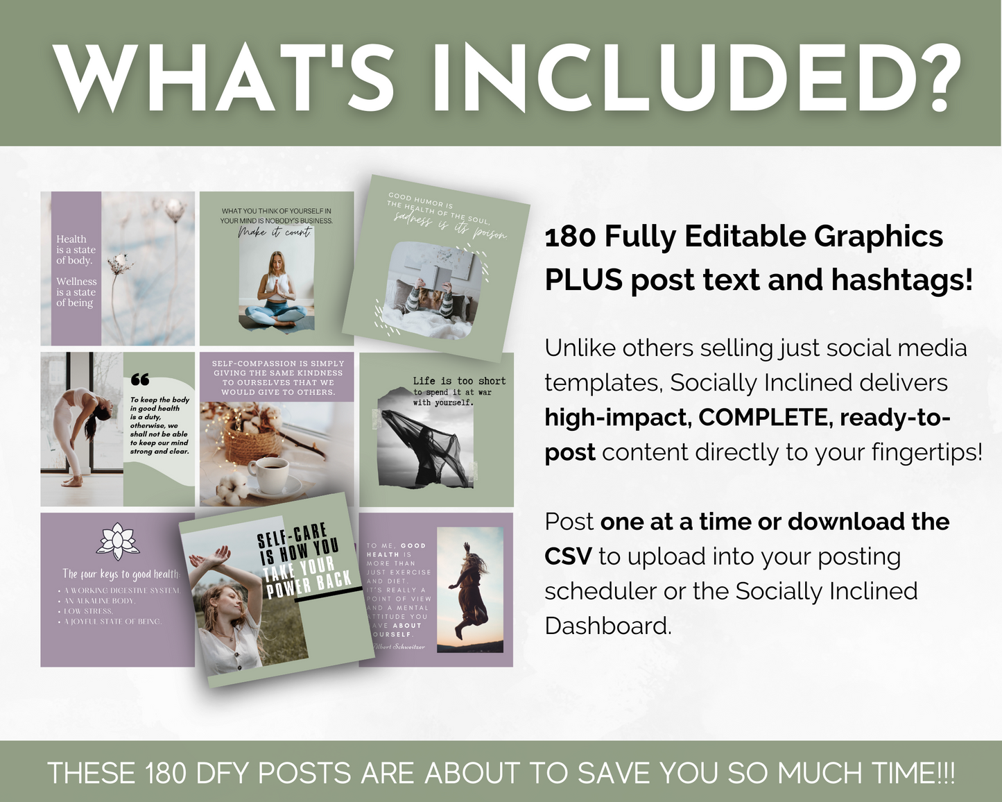 What's included? - Socially Inclined's Mind Body & Spirit Social Media Post Bundle with Canva Templates for health and wellness content.