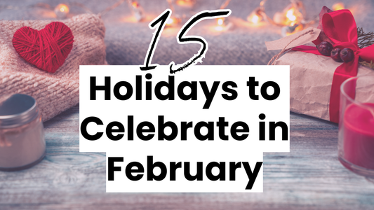 a red and burlap February themed graphic with the words "15 Holidays to Celebrate in February on Social Media" on it