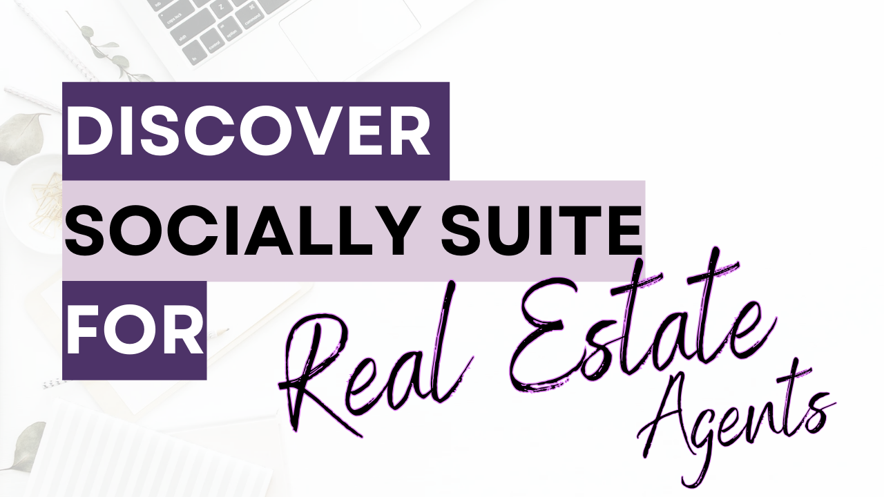 a neat workspace with the words Discover Socially Suite for Real Estate Agent on top in light and dark purple hues
