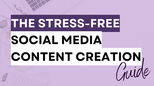 a purple tinted graphic of a clean workspace that says "The Stress-free Social Media Content Creation Guide"
