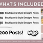 Promotional graphic listing contents of the Socially Inclined Boutique & Style Store Social Media Post Bundle with Canva templates, post copy, and hashtags.