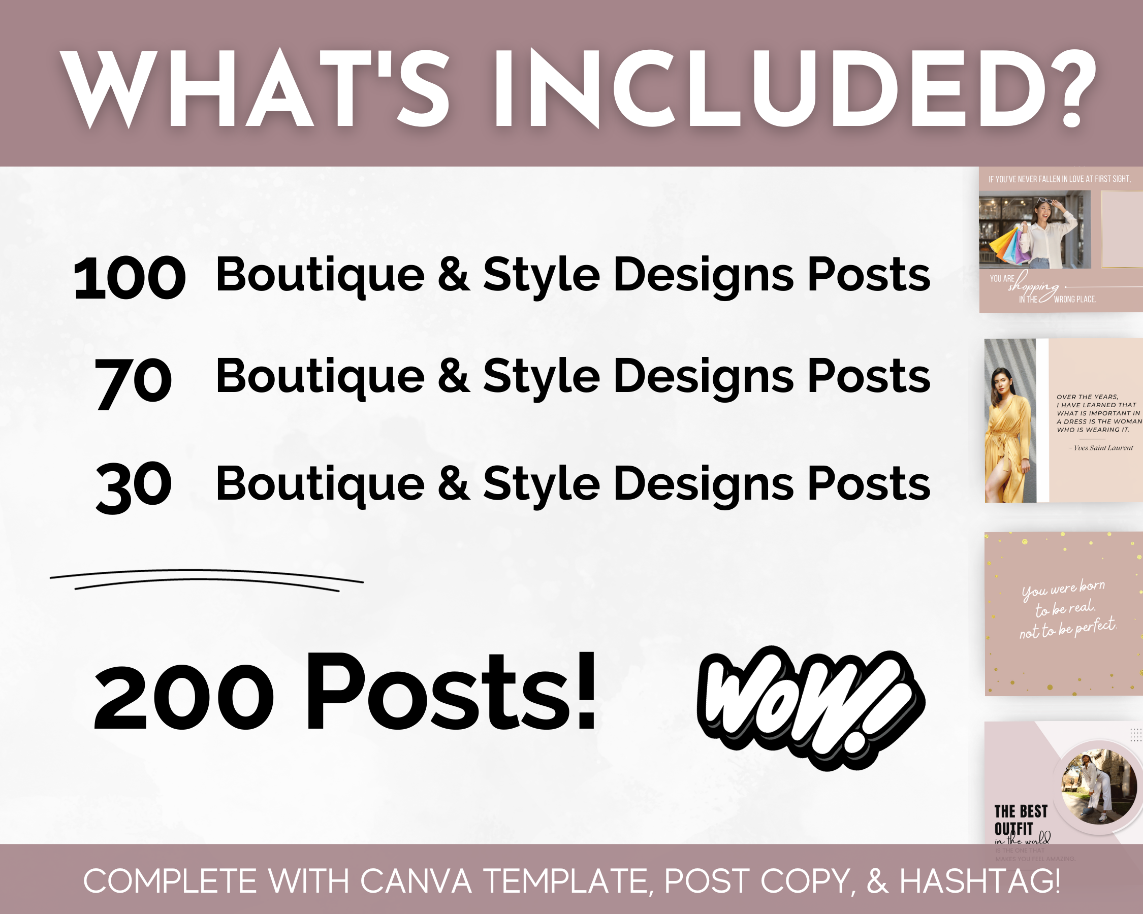 Promotional graphic listing contents of the Socially Inclined Boutique & Style Store Social Media Post Bundle with Canva templates, post copy, and hashtags.