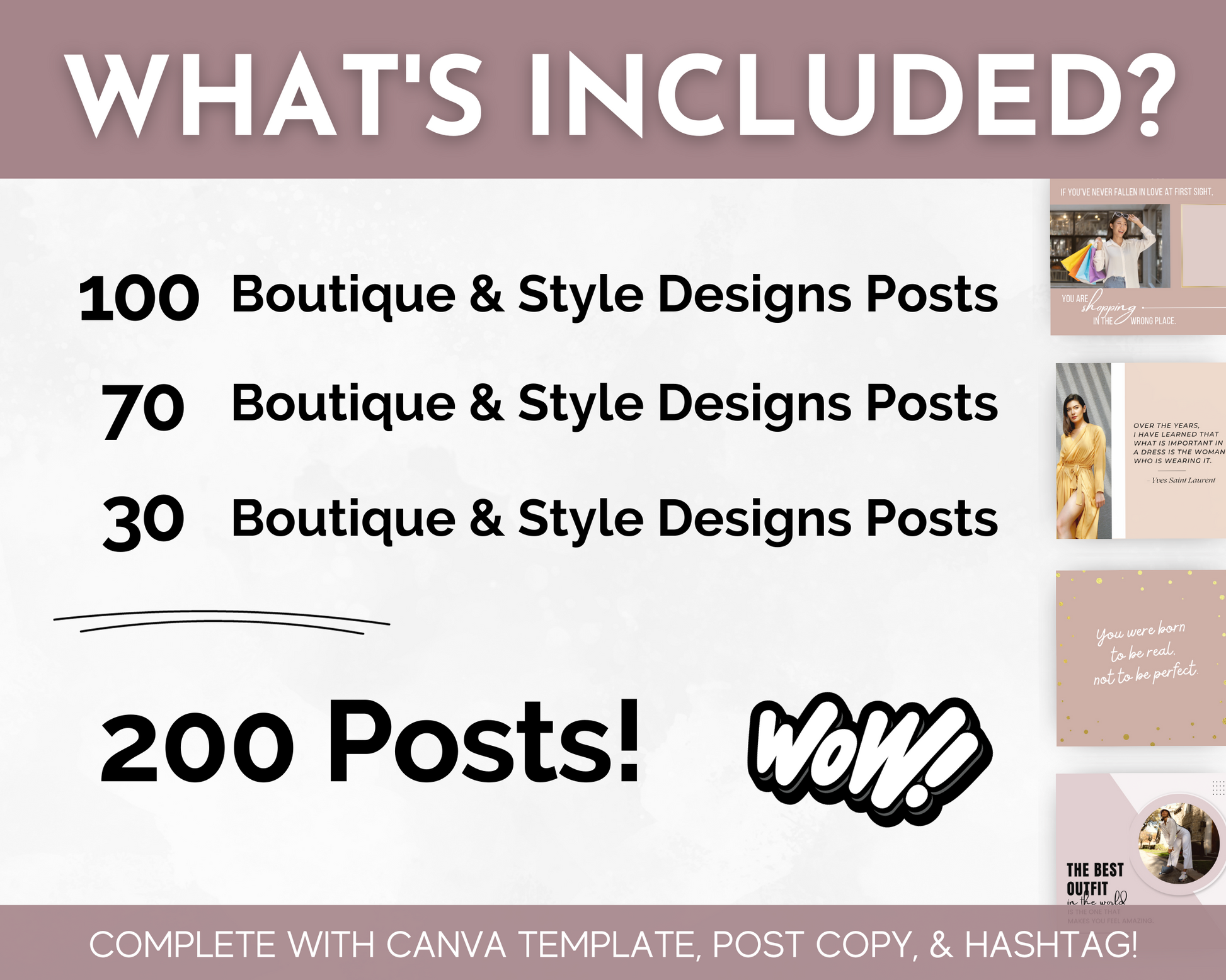 Promotional graphic listing contents of the Socially Inclined Boutique & Style Store Social Media Post Bundle with Canva templates, post copy, and hashtags.