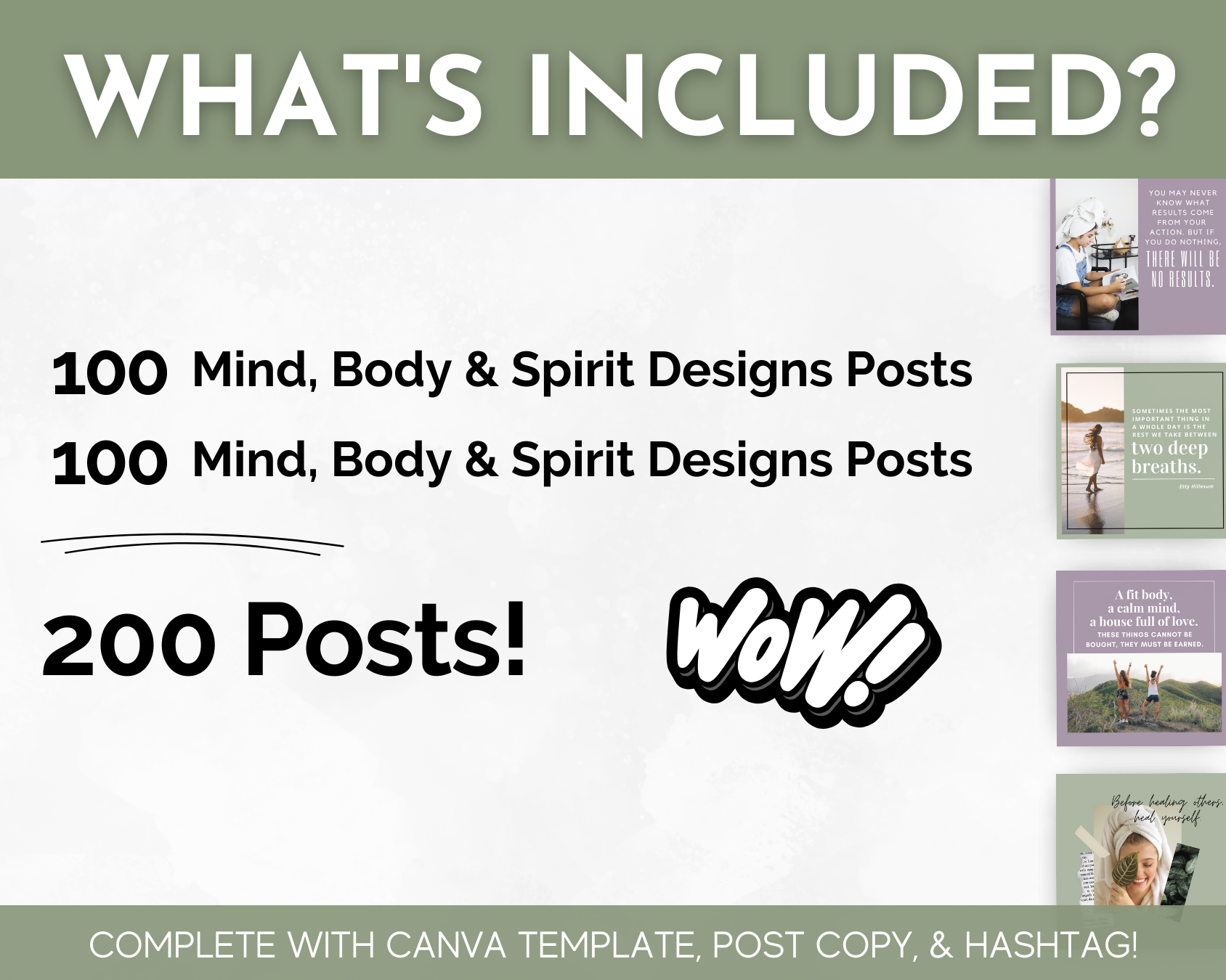 Digital content package advertisement for Socially Inclined's "Mind Body & Spirit Social Media Post Bundle" including Canva templates, post copy, and social media hashtags.