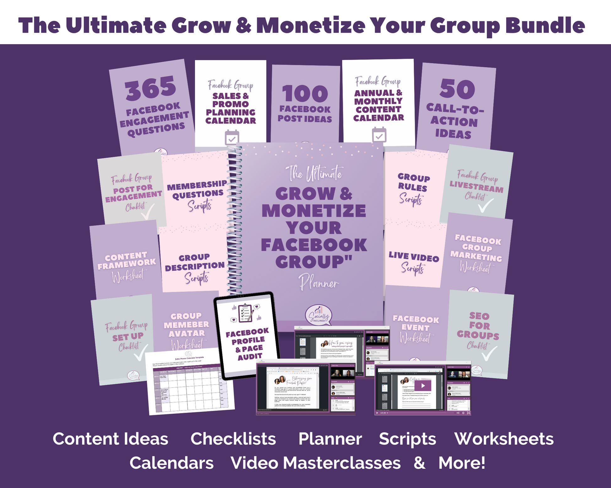 The ULTIMATE Grow & Monetize Your Facebook Group Bundle by Get Socially Inclined for growth and monetization.