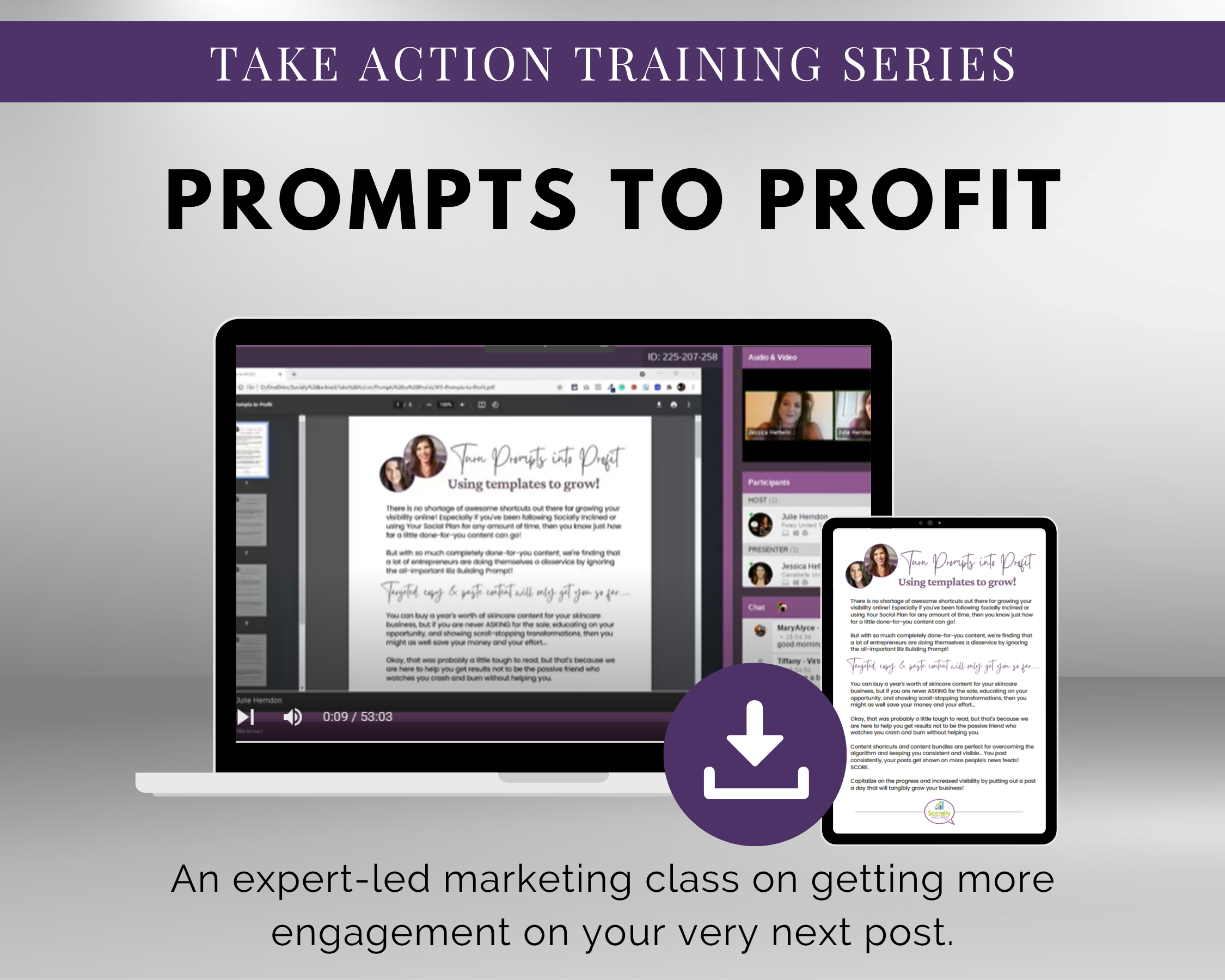 Take action training series TAT - Prompts to Profit Masterclass by Get Socially Inclined prompts to profit. Learn how to maximize your profits with our targeted training series. Gain valuable insights and strategies to generate higher revenue. Don't miss out on this opportunity to