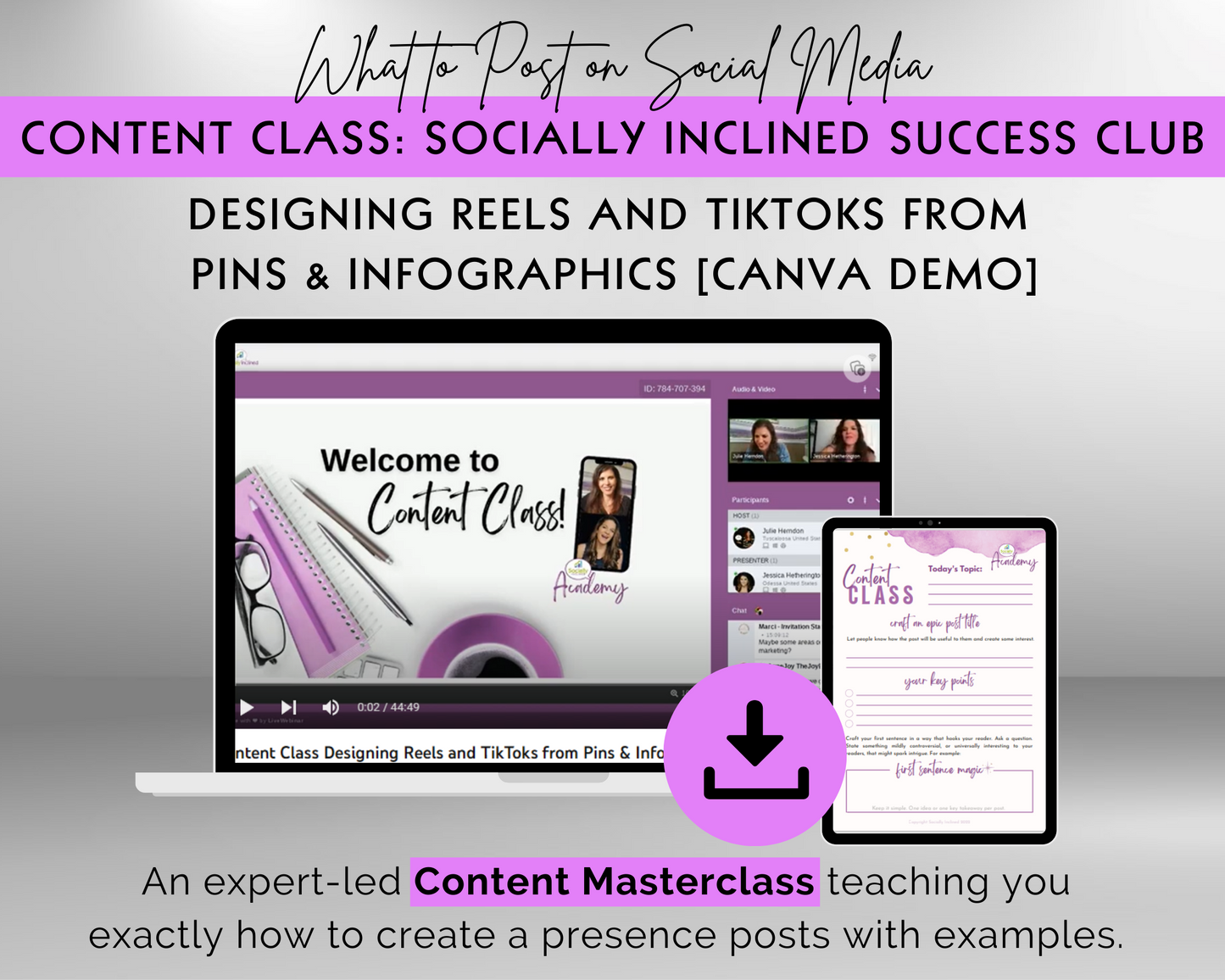 Get Socially Inclined's Content Class - Designing Reels and TikToks from Pins & Infographics [Canva Demo] Masterclass features white pot design tutorials for creating Reels and TikToks.