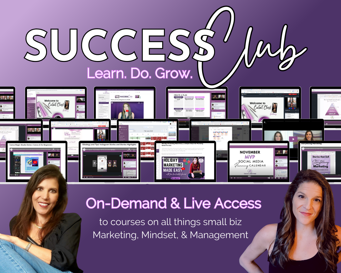 Access Get Socially Inclined's Success Club Membership courses on demand and live, featuring marketing and social media management.