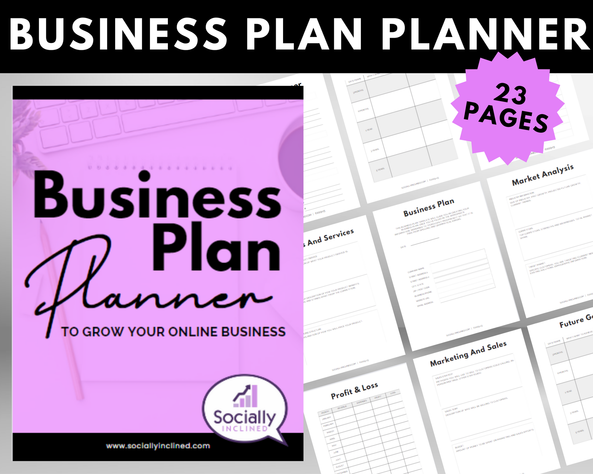 A Get Socially Inclined Business Plan Planner with the words business plan planner.