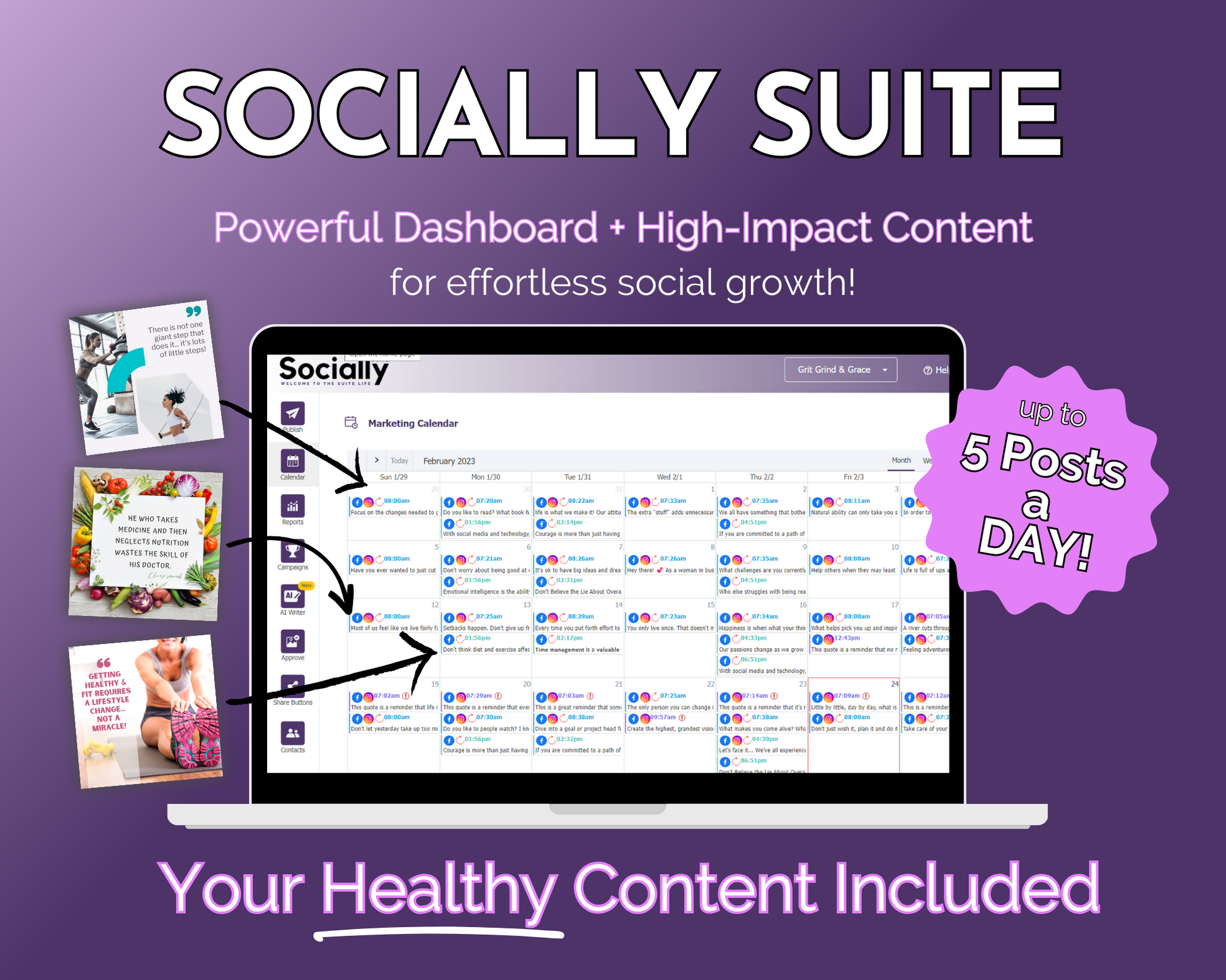 Get Socially Inclined - Socially Suite Membership - powerful dashboard - high content included. Boost your online presence and effectively manage your social media marketing with our comprehensive content management solution.