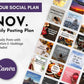 A promotional banner for Get Socially Inclined's November Daily Posting Plan - Your Social Plan, featuring grids of posts and text stating "3 daily posts with caption & hashtags included for engagement and growth." Elevate Your Social Plan!