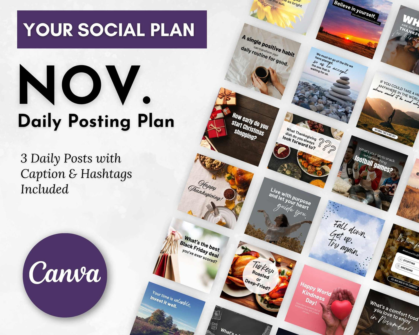 A promotional banner for Get Socially Inclined's November Daily Posting Plan - Your Social Plan, featuring grids of posts and text stating "3 daily posts with caption & hashtags included for engagement and growth." Elevate Your Social Plan!