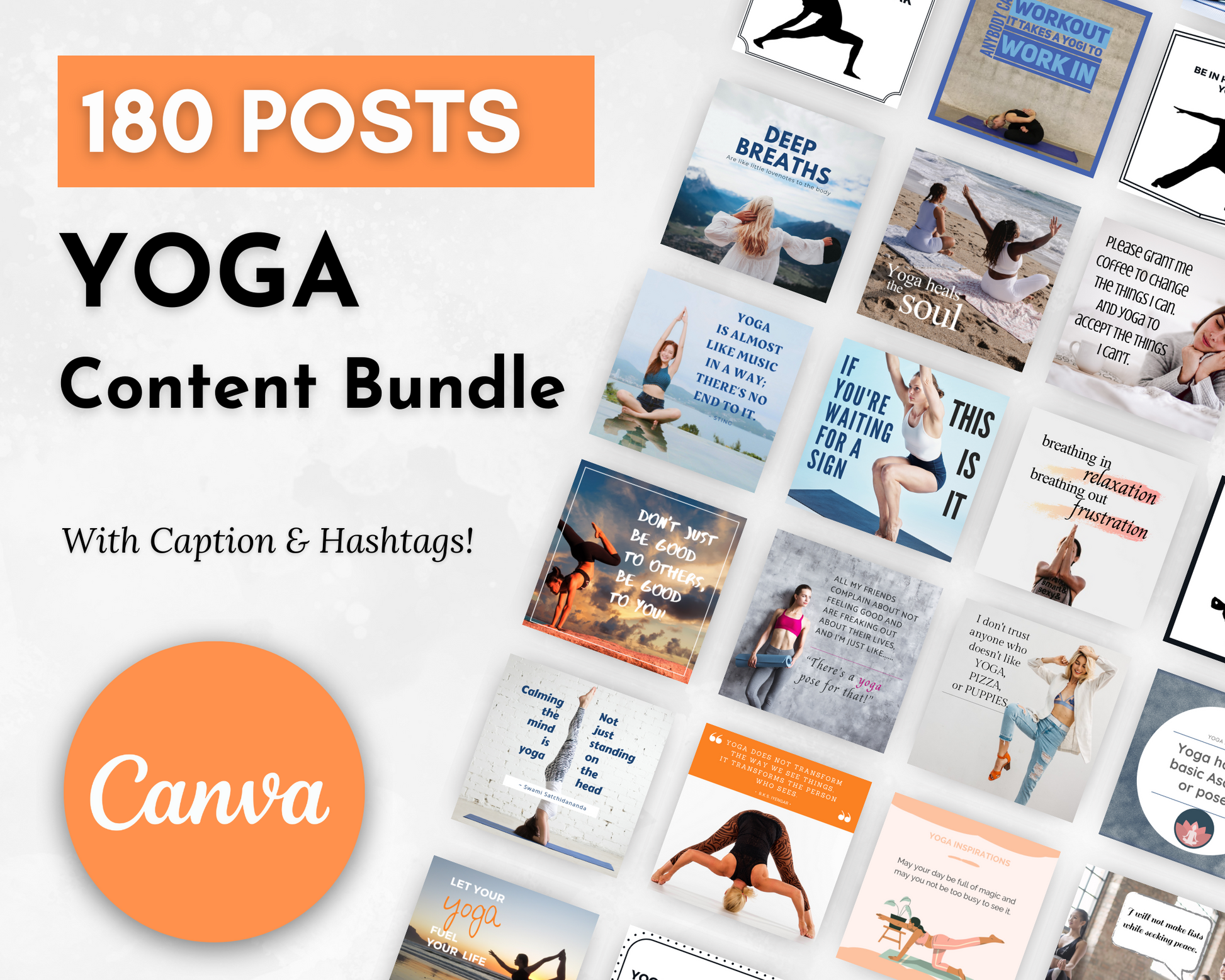 Enhance your yoga business presence with the Socially Inclined Yoga Social Media Post Bundle, composed of carefully curated content and Canva templates for sharing across social media platforms or promoting your yoga studio.