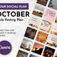 October Daily Posting Plan - Your Social Plan by Get Socially Inclined: This comprehensive social media planner for October features a grid of various themed images and posts. It includes a done-for-you social media posting plan with daily captions and hashtags, all designed to boost your social media growth effortlessly. Canva branding is placed at the bottom left for easy customization.