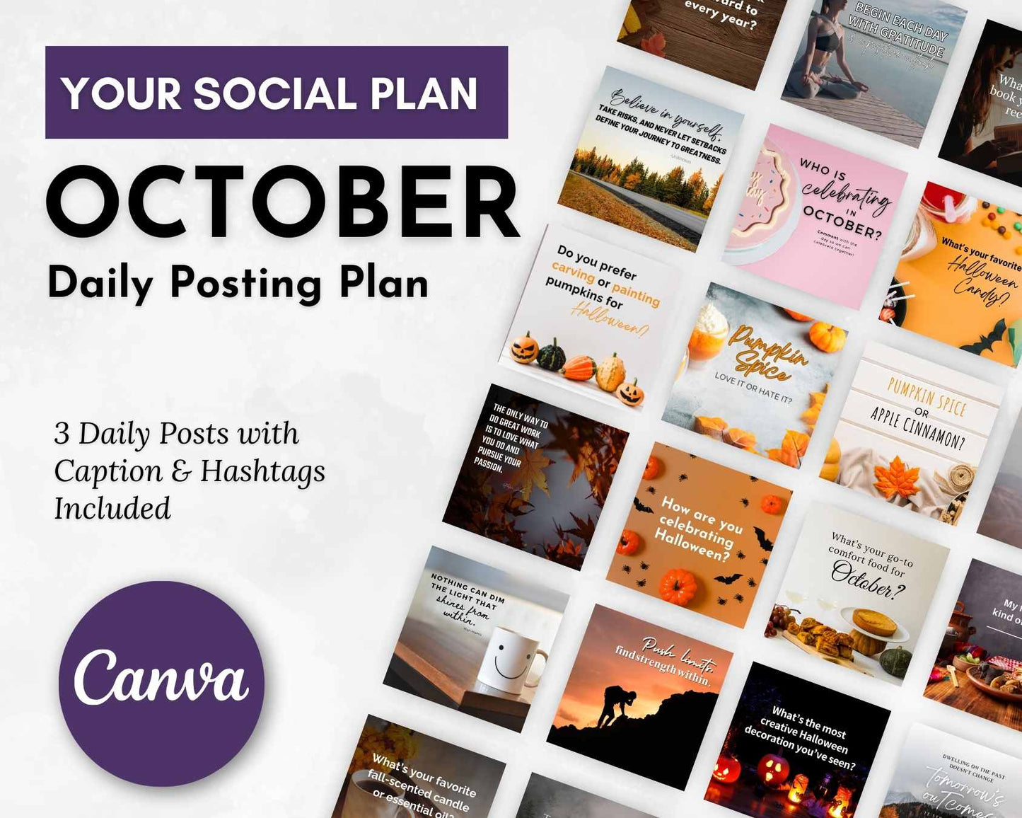 October Daily Posting Plan - Your Social Plan by Get Socially Inclined: This comprehensive social media planner for October features a grid of various themed images and posts. It includes a done-for-you social media posting plan with daily captions and hashtags, all designed to boost your social media growth effortlessly. Canva branding is placed at the bottom left for easy customization.