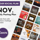 Get Socially Inclined’s November Daily Posting Plan - Your Social Plan: a ready-to-use grid of daily posts with quotes, images, and promo reminders. Includes Canva logo and full plan details—perfect for effortless social media management.