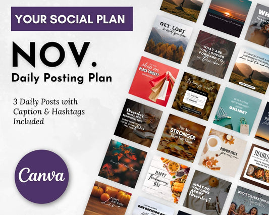 Get Socially Inclined’s November Daily Posting Plan - Your Social Plan: a ready-to-use grid of daily posts with quotes, images, and promo reminders. Includes Canva logo and full plan details—perfect for effortless social media management.