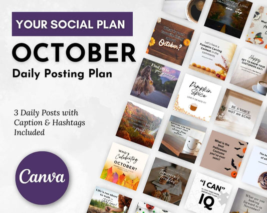 A collage of square images highlighting the October Daily Posting Plan - Your Social Plan by Get Socially Inclined for daily 2025 social media posts.