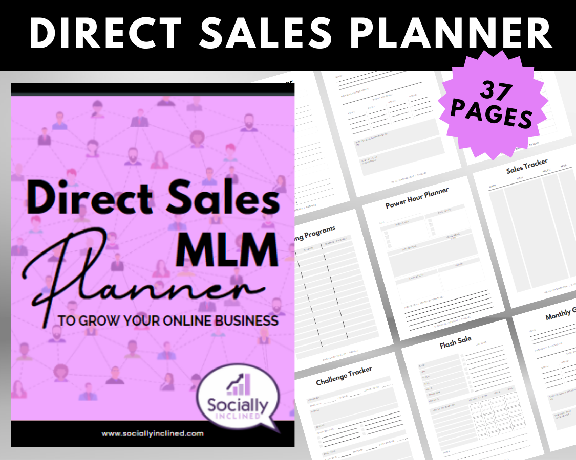 Cover image of a "Direct Sales MLM Planner" booklet alongside sample pages. The Direct Sales MLM Planner, by Get Socially Inclined, contains 37 pages designed to help grow an online business. It features sections like Power Hour Planner, Sales Tracker, and Challenge Tracker, making it ideal for those in the MLM business seeking structured success.