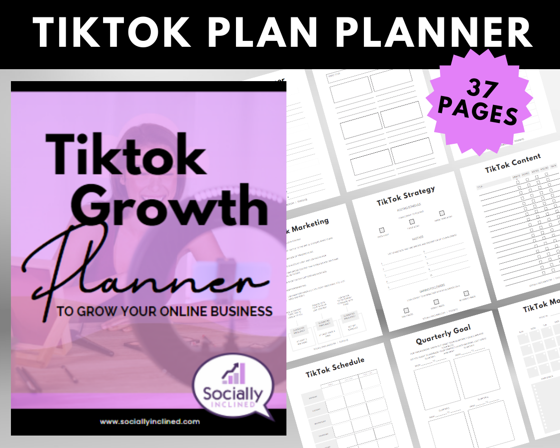 Explore the TikTok Growth Planner by Get Socially Inclined, a 37-page resource dedicated to marketing strategies, TikTok growth tactics, and content creation for expanding your online business. Enhance your brand's presence and master effective engagement by reviewing cover and sample pages.