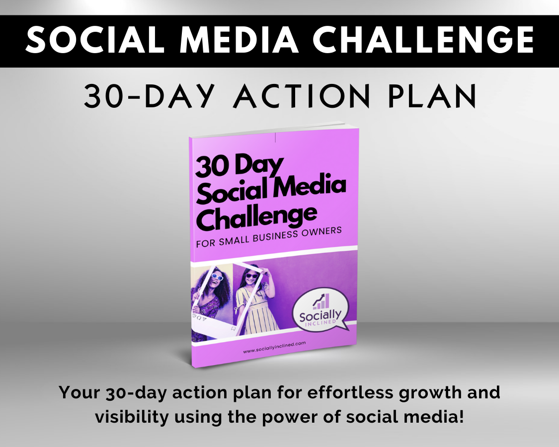 Small business social media challenge incorporating Get Socially Inclined brand consistency with The 30 Day Social Media Challenge action plan.