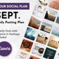 Social media posting plan with various images and captions for September, featuring the Canva logo.