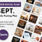 Promotional graphic for Get Socially Inclined's September Daily Posting Plan - Your Social Plan, showcasing various image samples and the text "3 Daily Posts with Captions & Hashtags Included" to elevate your social media content.