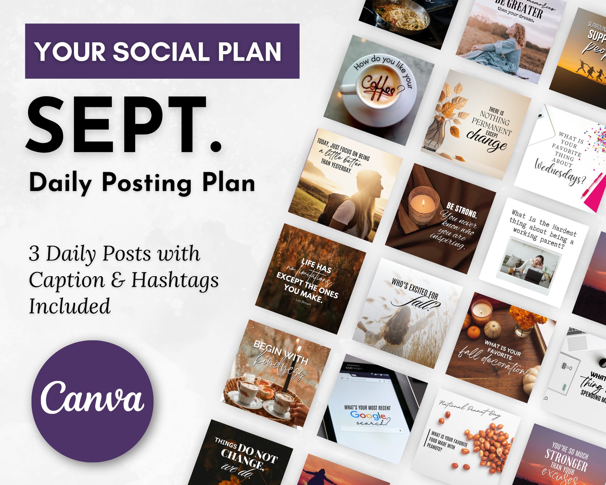 Promotional graphic for Get Socially Inclined's September Daily Posting Plan - Your Social Plan, showcasing various image samples and the text "3 Daily Posts with Captions & Hashtags Included" to elevate your social media content.