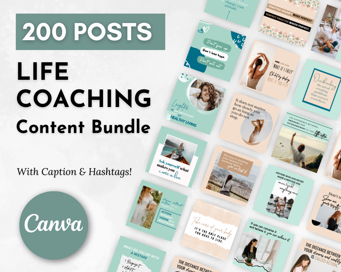 Promotional graphic for a "Life Coaching Social Media Post Bundle with Canva Templates" featuring 200 posts with captions and hashtags, designed with Socially Inclined.