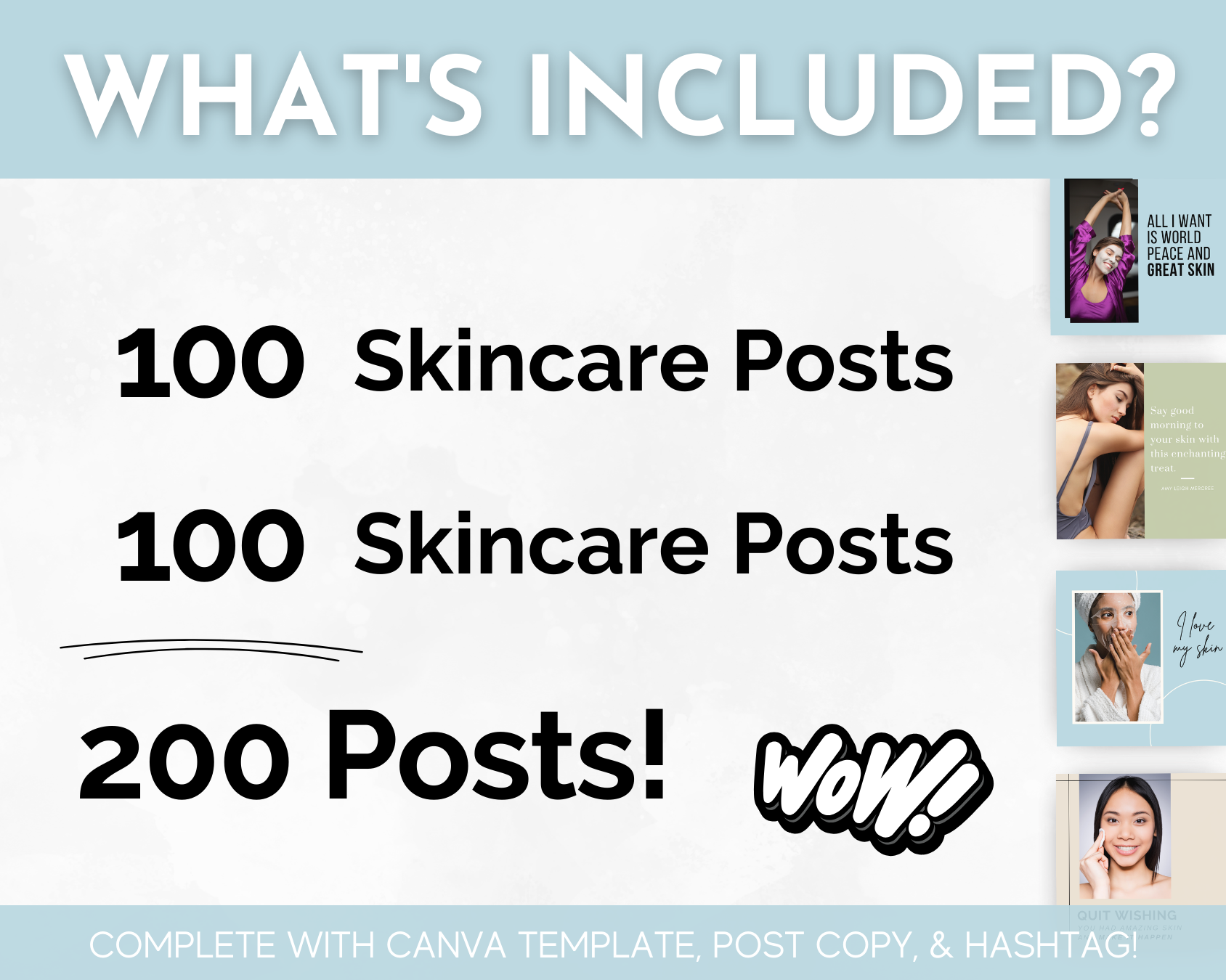 What's included - 100 Skincare Social Media Post Bundle with Canva Templates by Socially Inclined.