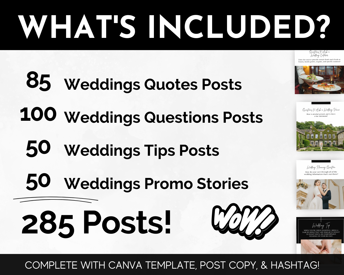 Wedding blog posts include Socially Inclined's Weddings Social Media Post Bundle with Canva Templates, customer engagement, and social media images.