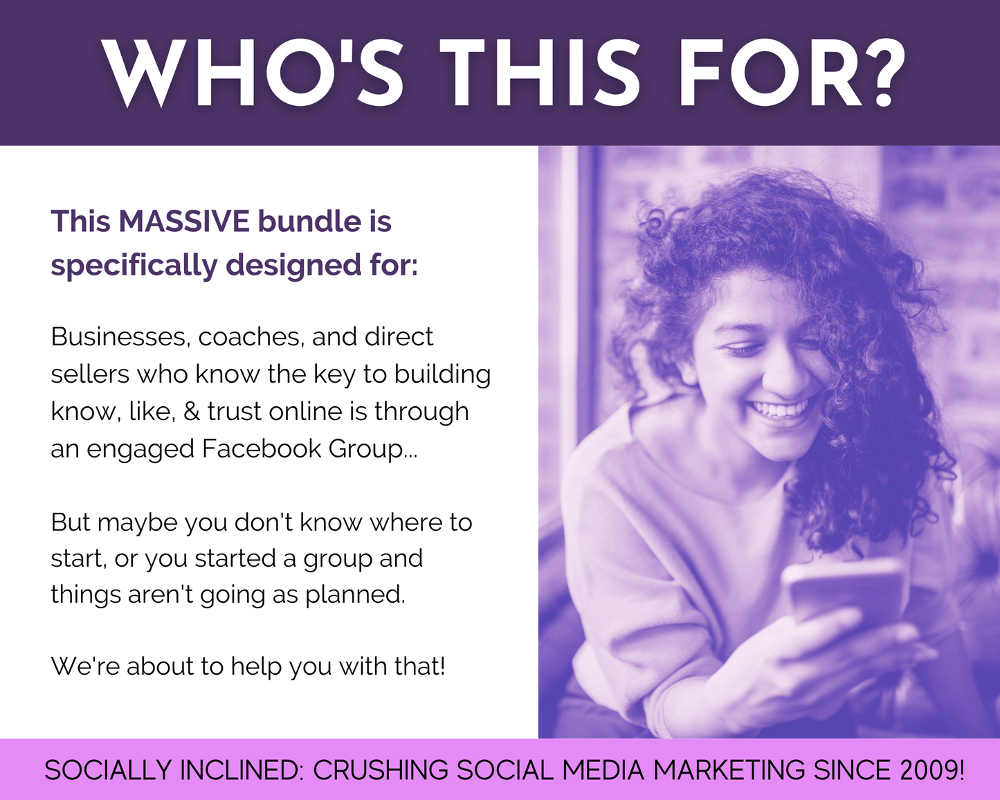 Who's this for? If you have a Facebook Group and are looking to drive growth and monetization, then the ULTIMATE Grow & Monetize Your Facebook Group Bundle from Get Socially Inclined is the perfect solution for you.