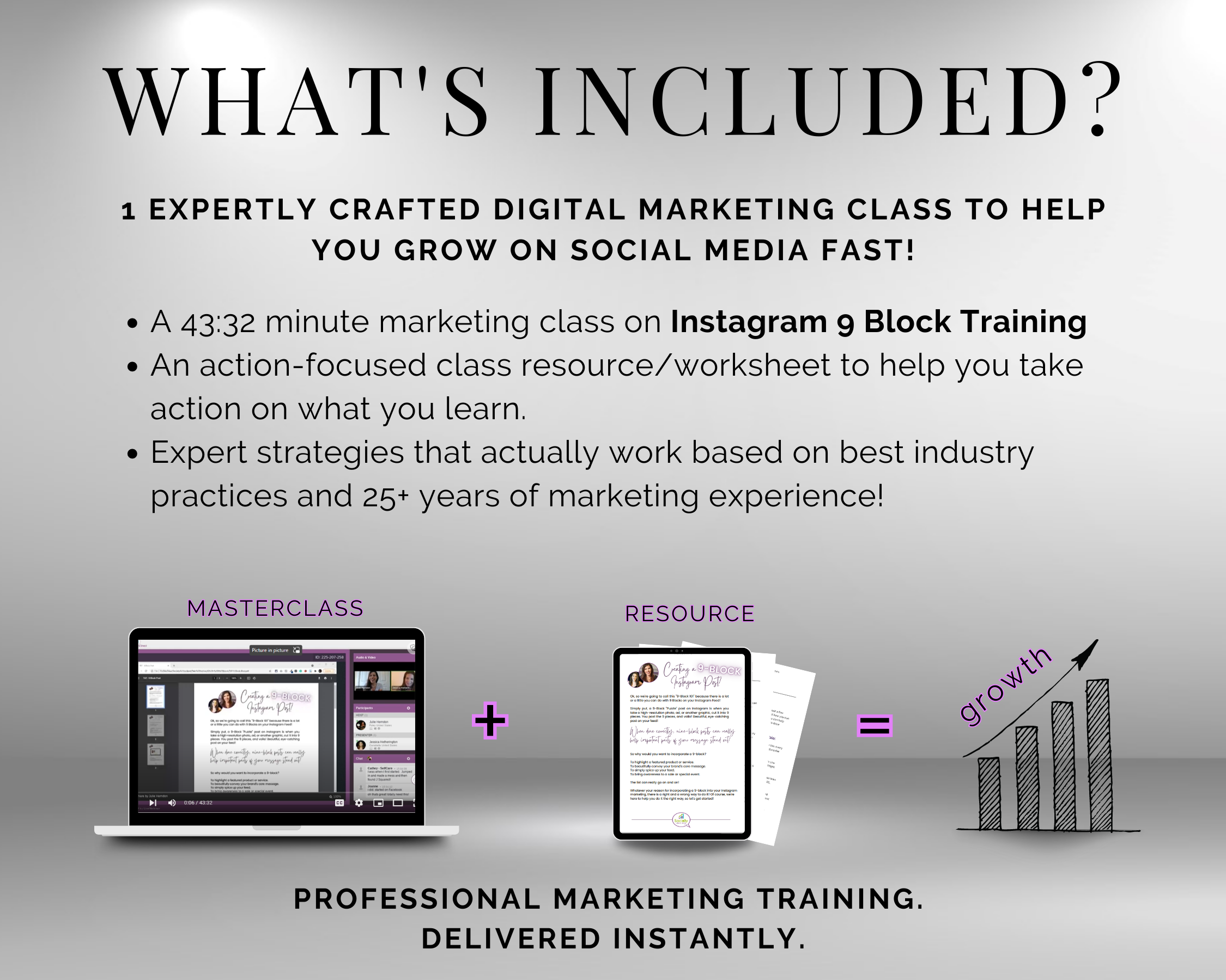 What's included in the TAT - Instagram 9 Block Training Masterclass by Get Socially Inclined? Please provide the product description so that I can find the important SEO keywords for you.
